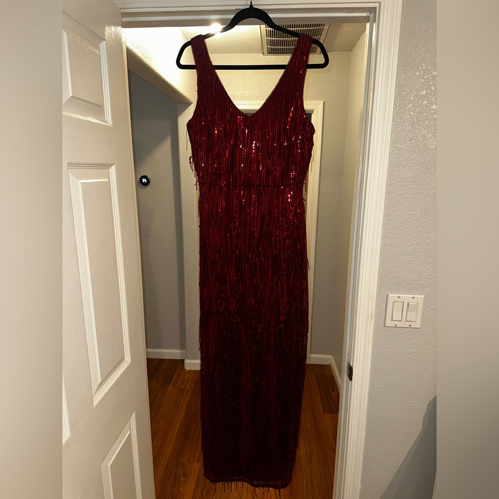 R&M Richards Burgundy Sequin Maxi Dress